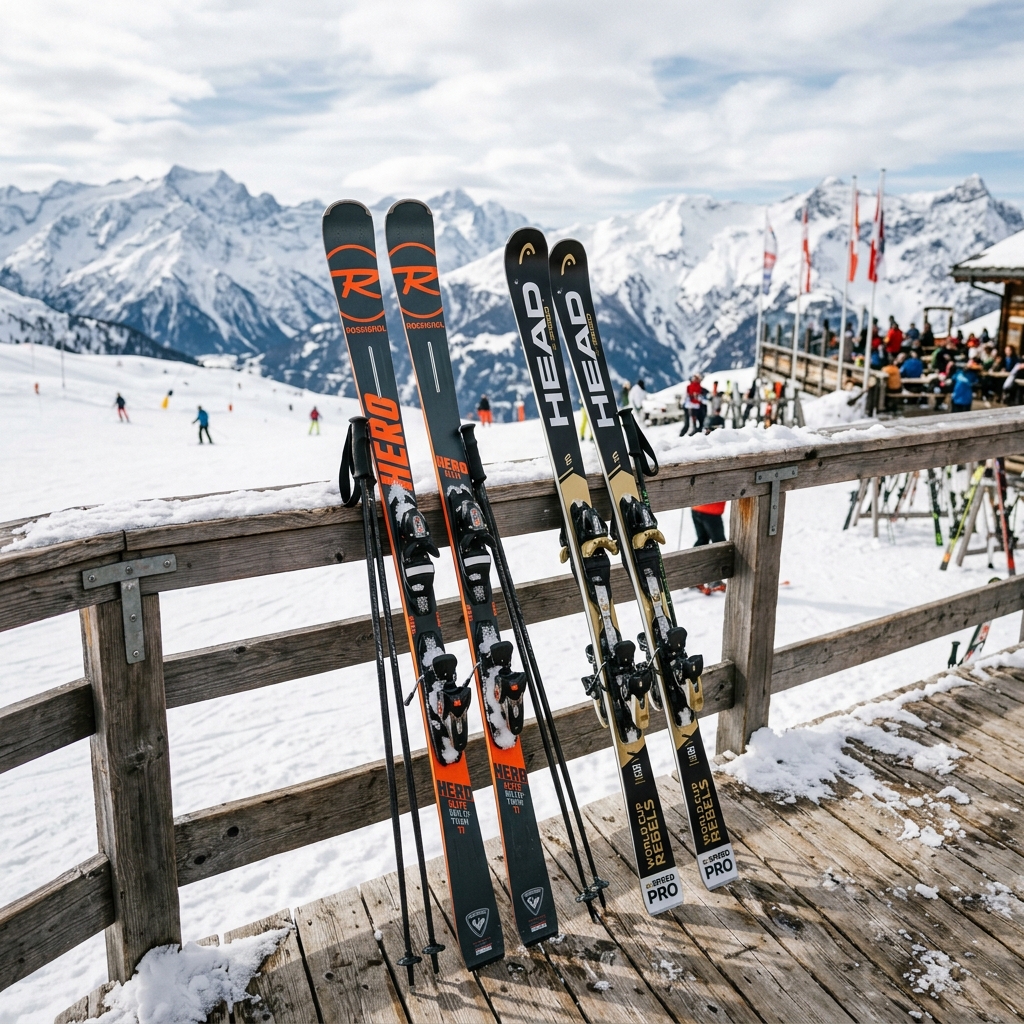 Alpine skis leaning on a rail with a snowy mountain range behind