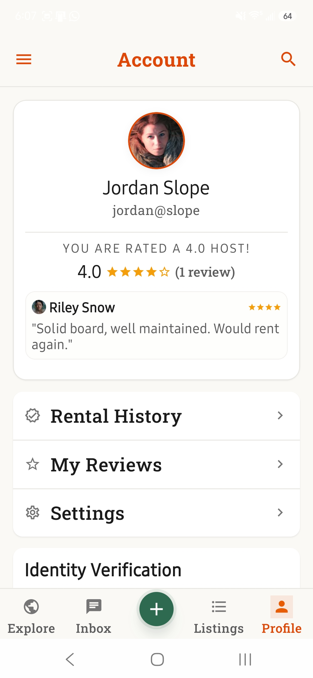 Account screen showing host rating and rider reviews