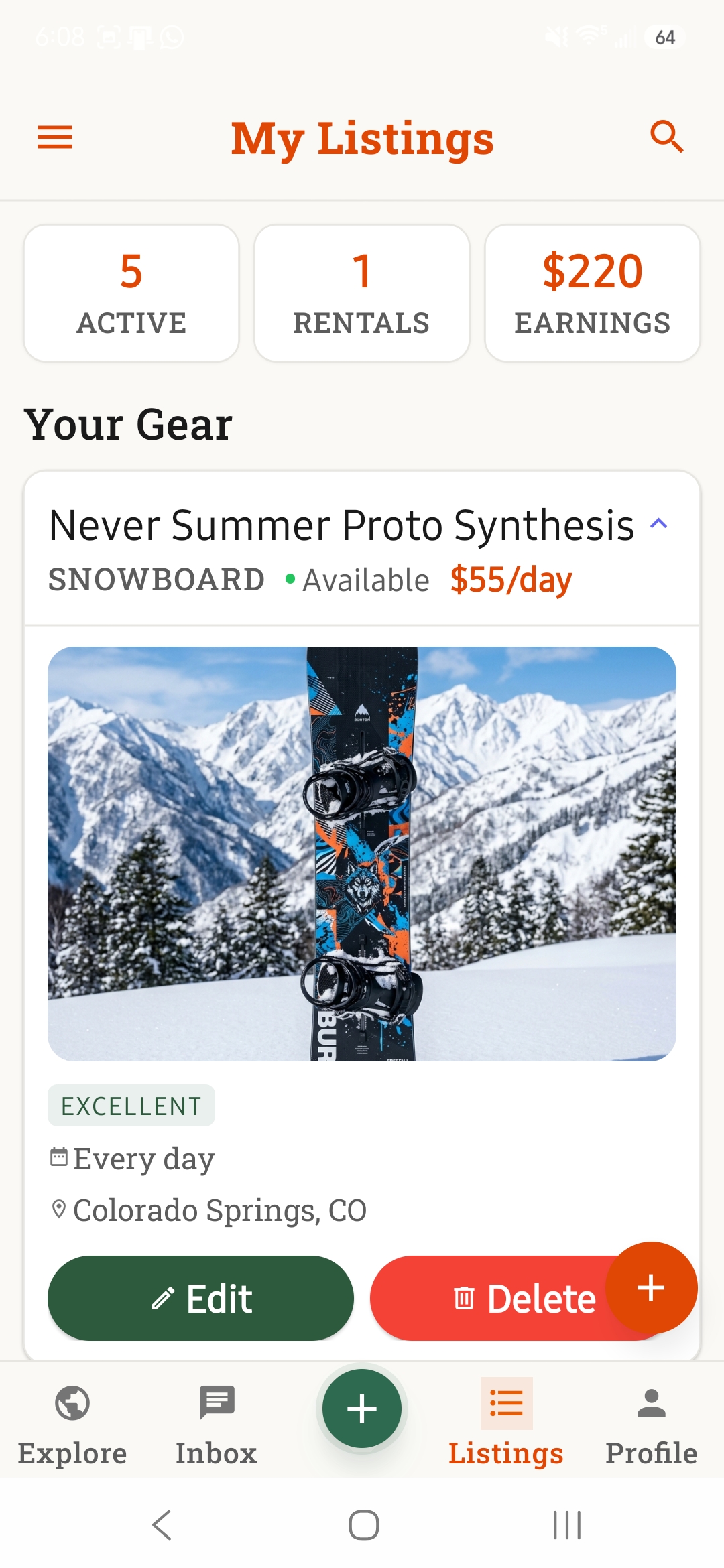 CloudMG app listings screen showing gear you rent out